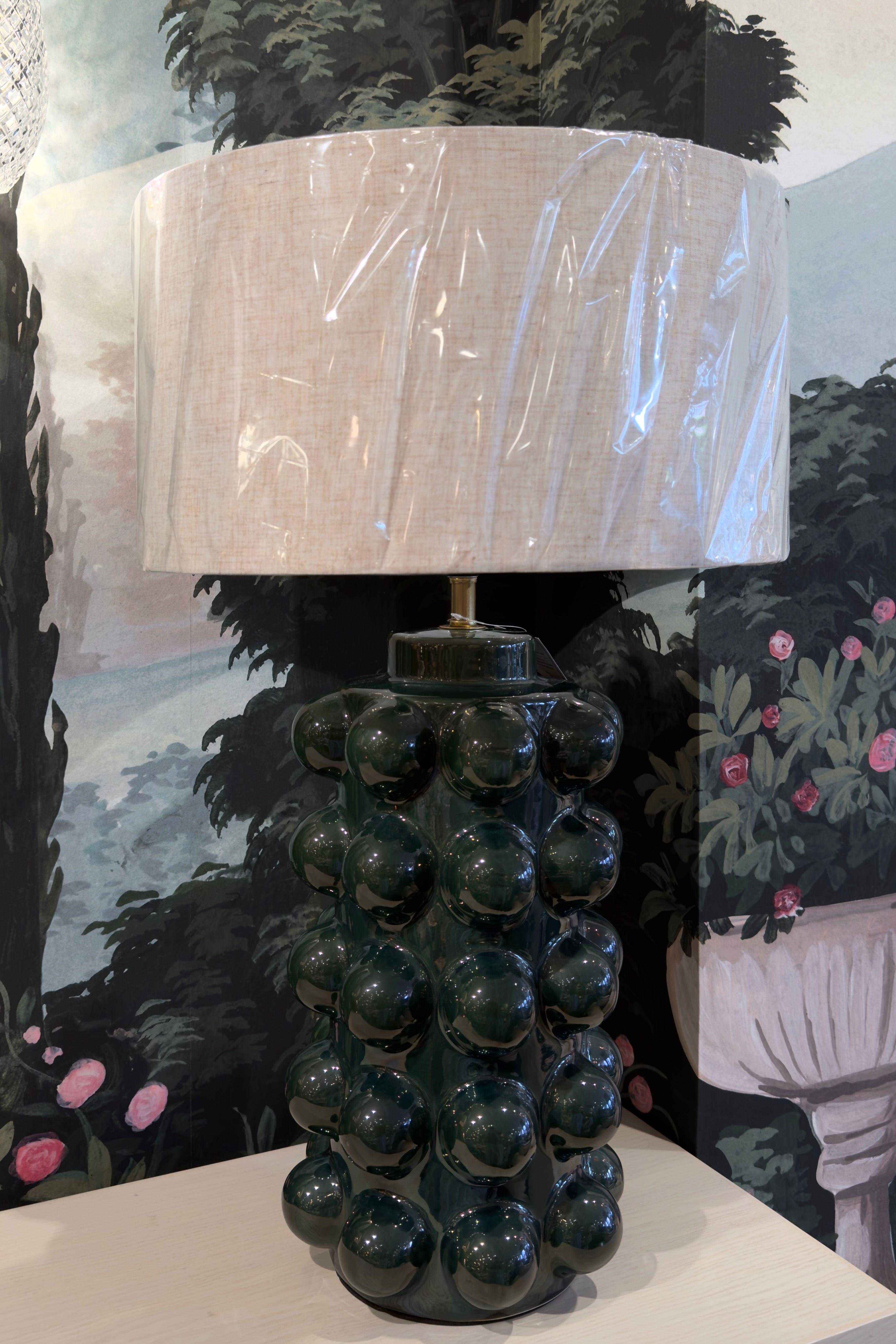 Green Bobble Lamp with Linen Shade