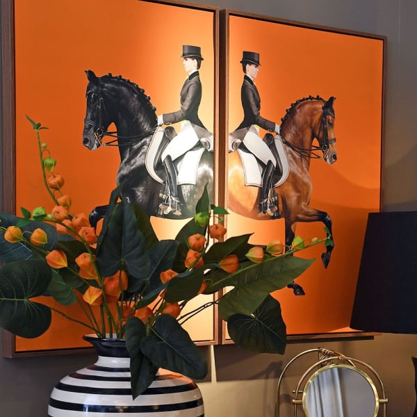 Set of 2 Bright Orange Equestrian Framed Pictures