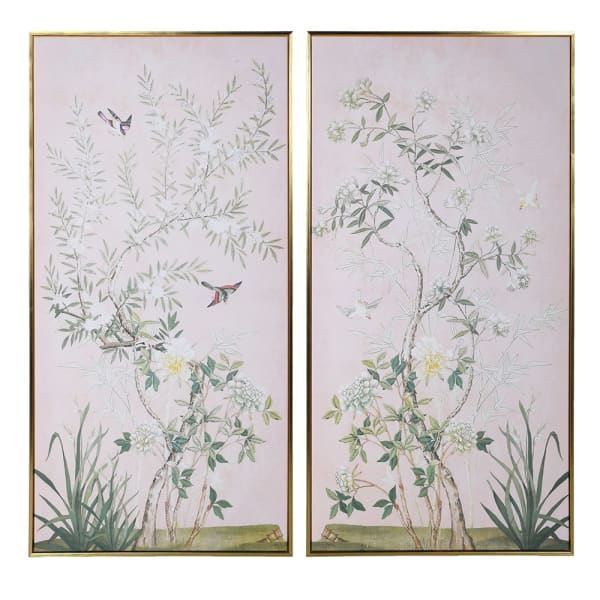 Set of 2 Soft Pink Chinoiserie Floral Picture Canvases