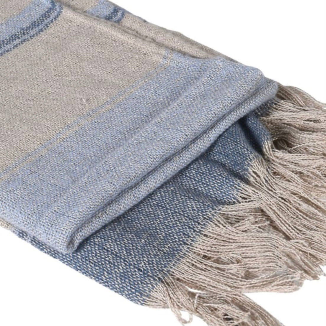 Blue and Biscuit Stripe Throw with Tassels