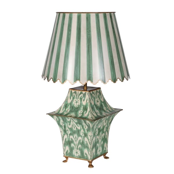 Forest Green Metal Ikat Table Lamp with Scalloped Shade
