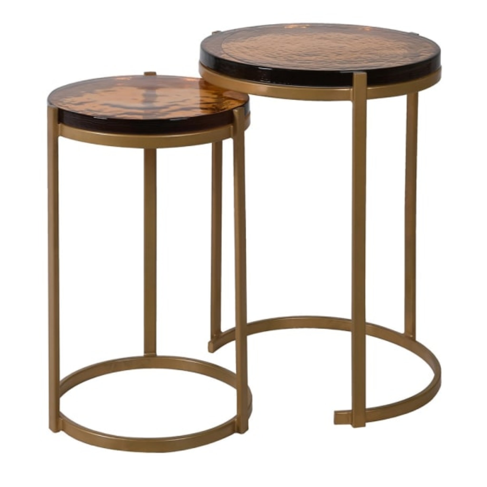 Nest of 2 Amber Glass Round Side Tables