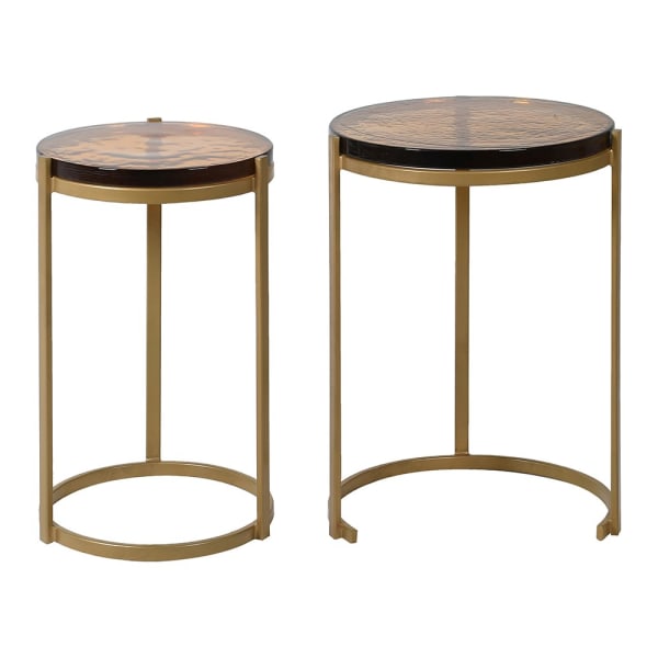 Nest of 2 Amber Glass Round Side Tables