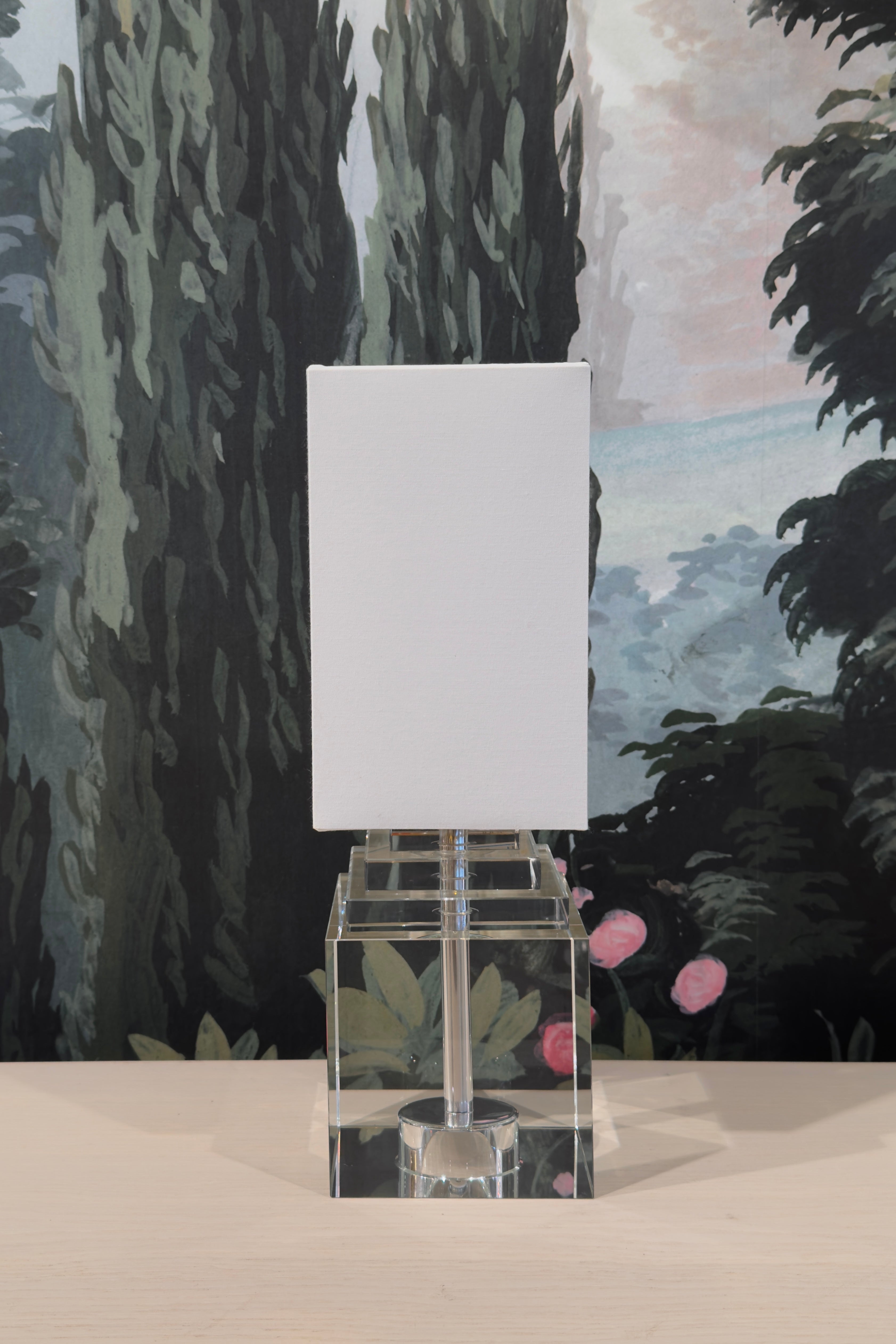 Crystal Cube Base Table Lamp with Linen Shade