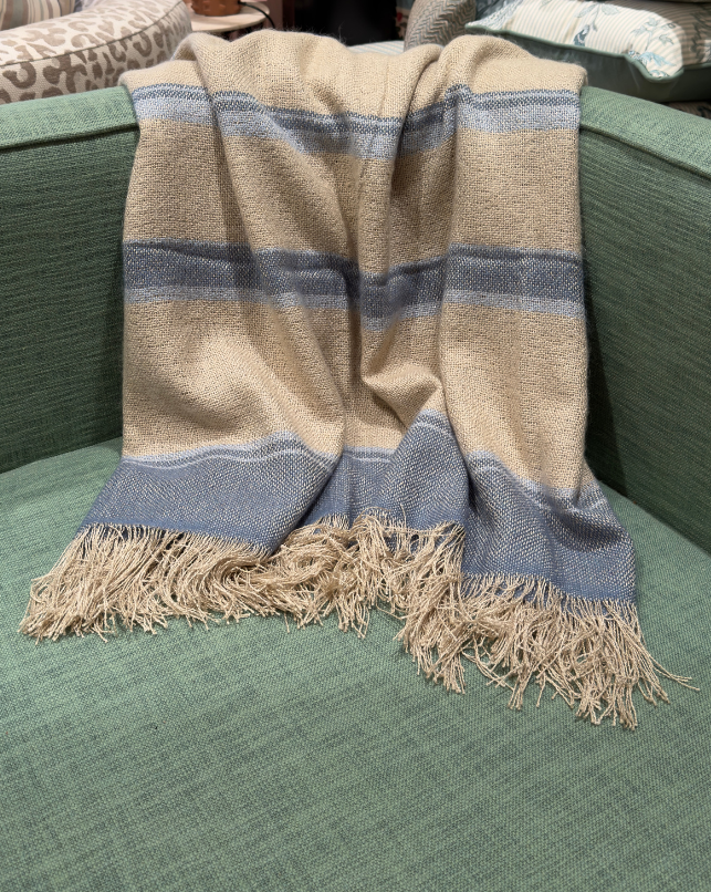 Blue and Biscuit Stripe Throw with Tassels